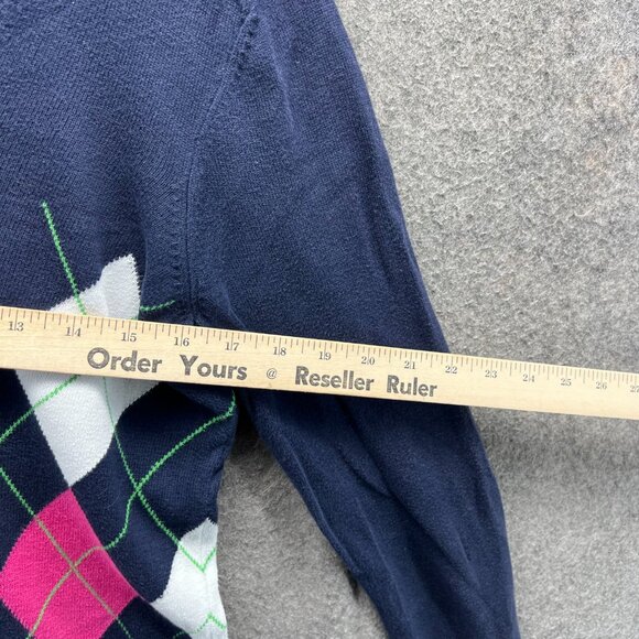 Lilly Pulitzer Sweater Women Large Navy Blue Argyle Cotton V Neck Pullover - Picture 2 of 11